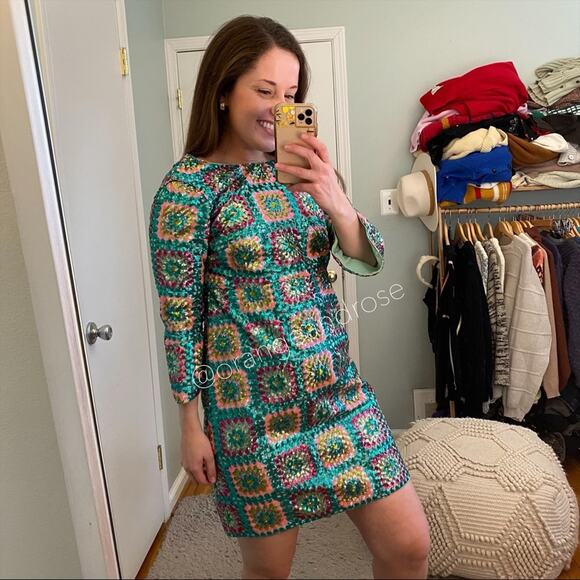 Manoush Sequin Teal Blue Unique Fitted Crochet Pattern Long Sleeve Mini Dress XS - Picture 7 of 14